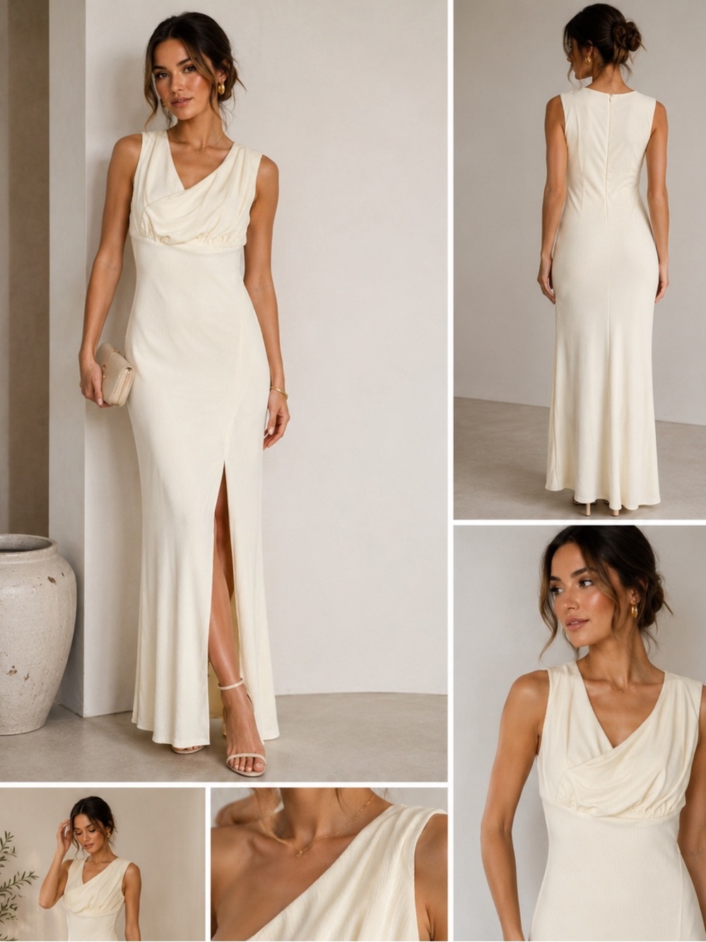 Selfie Leslie Cream Draped Cowl Neck Maxi Dress with Front Slit